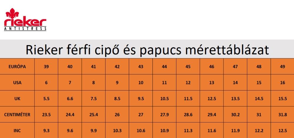 Rieker férfi utcai bőr mokaszín cipő mérettáblázat