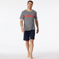 Schiesser-férfi-pamut-kék--szürke-csíkos-rövid-pizsama-181165